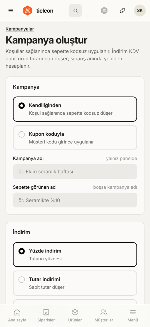 Telefonda kampanya oluşturma ekranı
