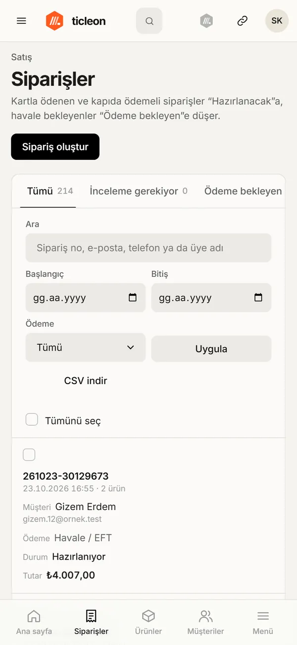 Telefonda sipariş listesi