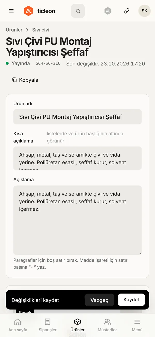 Telefonda ürün düzenleme